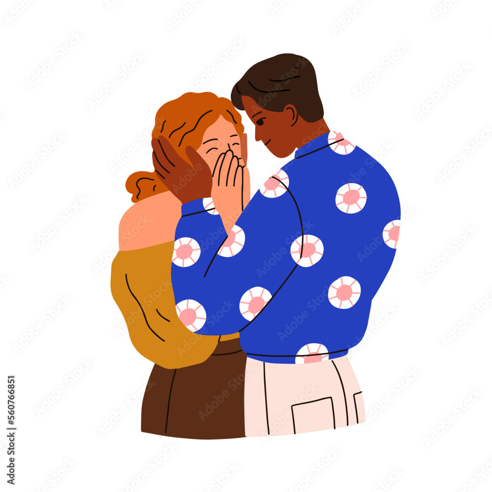 Romantic couple of interracial man, woman. Enamored guy caressing girl, confessing love. Happy affectionate people hug with tenderness. Flat graphic vector illustration isolated on white background Romantic couple of interracial man, woman. Enamored guy caressing girl, confessing love. Happy affectionate people hug with tenderness. Flat graphic vector illustration isolated on white background
