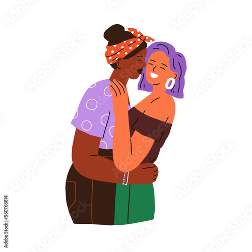 Lesbian love couple. Happy girls laughing, kissing, hugging. LGBT women in romantic relationship. Modern biracial female valentines. Flat graphic vector illustration isolated on white background