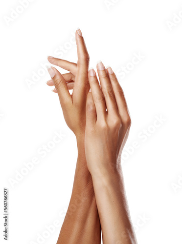 Woman hands, manicure and spa beauty, skincare dermatology wellness or cosmetics skin care in white background. Hand model, luxury skincare cosmetics and palm body care or salon self care in studio
