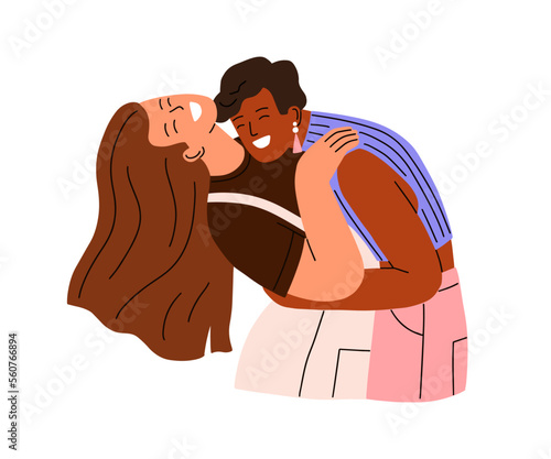 Happy girls love couple laughing, hugging. LGBT women having fun, joy. Lesbian girlfriends. Joyful female friends in romantic relationship. Flat vector illustration isolated on white background