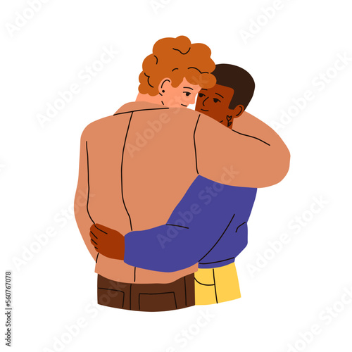 Gay couple hugging. Interracial LGBT men in romantic relationship. Homosexual enamored people of same sex. Male valentines, boyfriends embracing. Flat vector illustration isolated on white background
