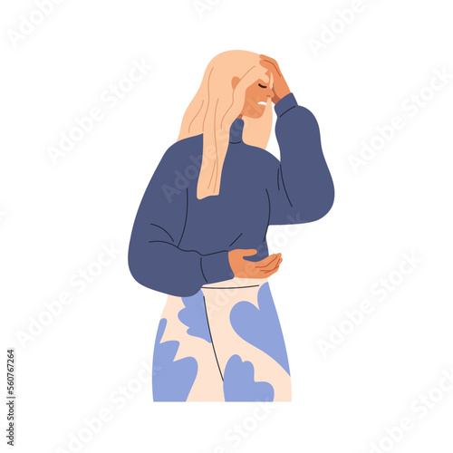 Upset disappointed person regretting. Desperate woman failed, in stress, feeling guilty. Frustration, annoyance, disappointment expression. Flat vector illustration isolated on white background
