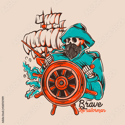 the skull sailor drives the ship in rough seas