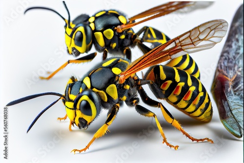 A close up of two wasps