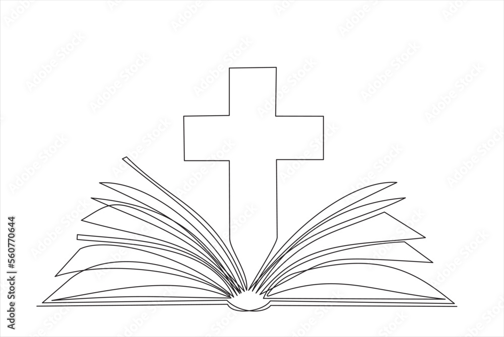 Continuous single one line drawing of open book and cross. Illustration with quote template. One line vector illustration. Order a banner for one line drawing. Continuous single one line drawing of open book and cross. Illustration with quote template. One line vector illustration. Order a banner for one line drawing.