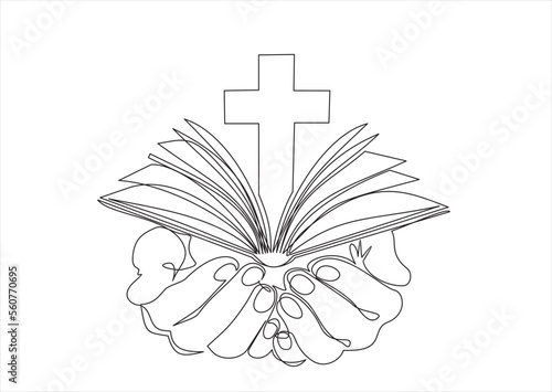 Continuous single one line drawing of hands hold open book with cross. Bible, christianity. One line vector illustration. Order a banner for one line drawing.