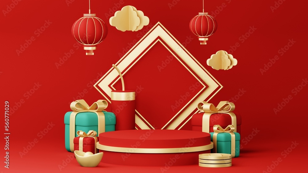 Chinese New Year celebrations , Festive gift card templates with realistic 3D design elements, holiday banners, web posters, flyers, and brochures, greeting cards . 3D Rendering