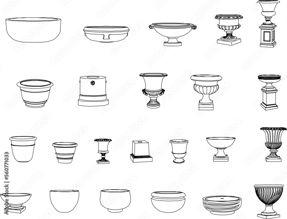 collection of classic cast stone pots illustration vector sketch ...