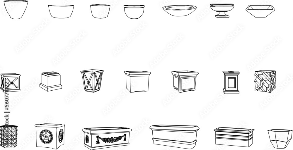 collection of classic cast stone pots illustration vector sketch ...
