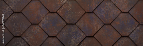 Abstract seamless orange brown rusty geometric rhombus diamond hexagon 3d damask ornate tiles rust wall texture background banner wide panorama panoramic