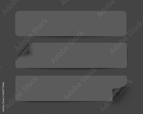 Three black realistic paper adhesive stickers with curved corner on transparent background.