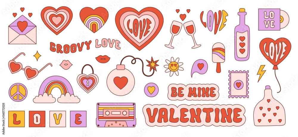 Retro groovy valentines day sticker set in style 60s, 70s. Trendy vintage icons isolated on a white background. Vector illustration