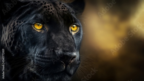 Front view of Panther on black background. Wild animals banner with copy space. Predator series. digital art 
