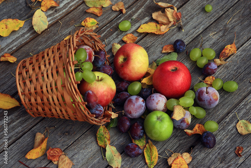 High angle view of fruits fallen amidst leaves on wooden table during autumn photo