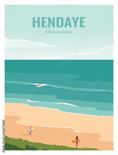 travel poster of Hendaye beach france with people surfing . vector illustration  with minimalist style for poster, postcard, card, art print.