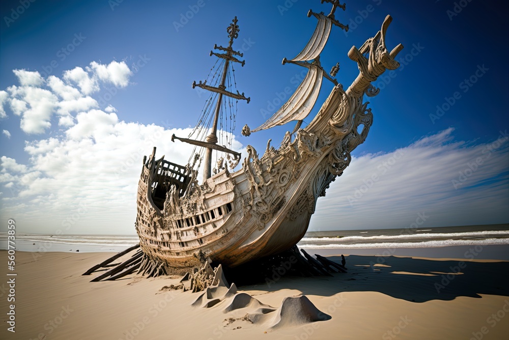 Shipwreck on the beach with a rusty, derelict pirate ship. Generative ...