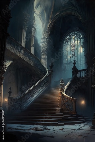 Staircase in the hunted mansion. Horror story concept. Generative ai.