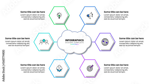 Infographic template. 6 connected hexagons with a cloud in the middle