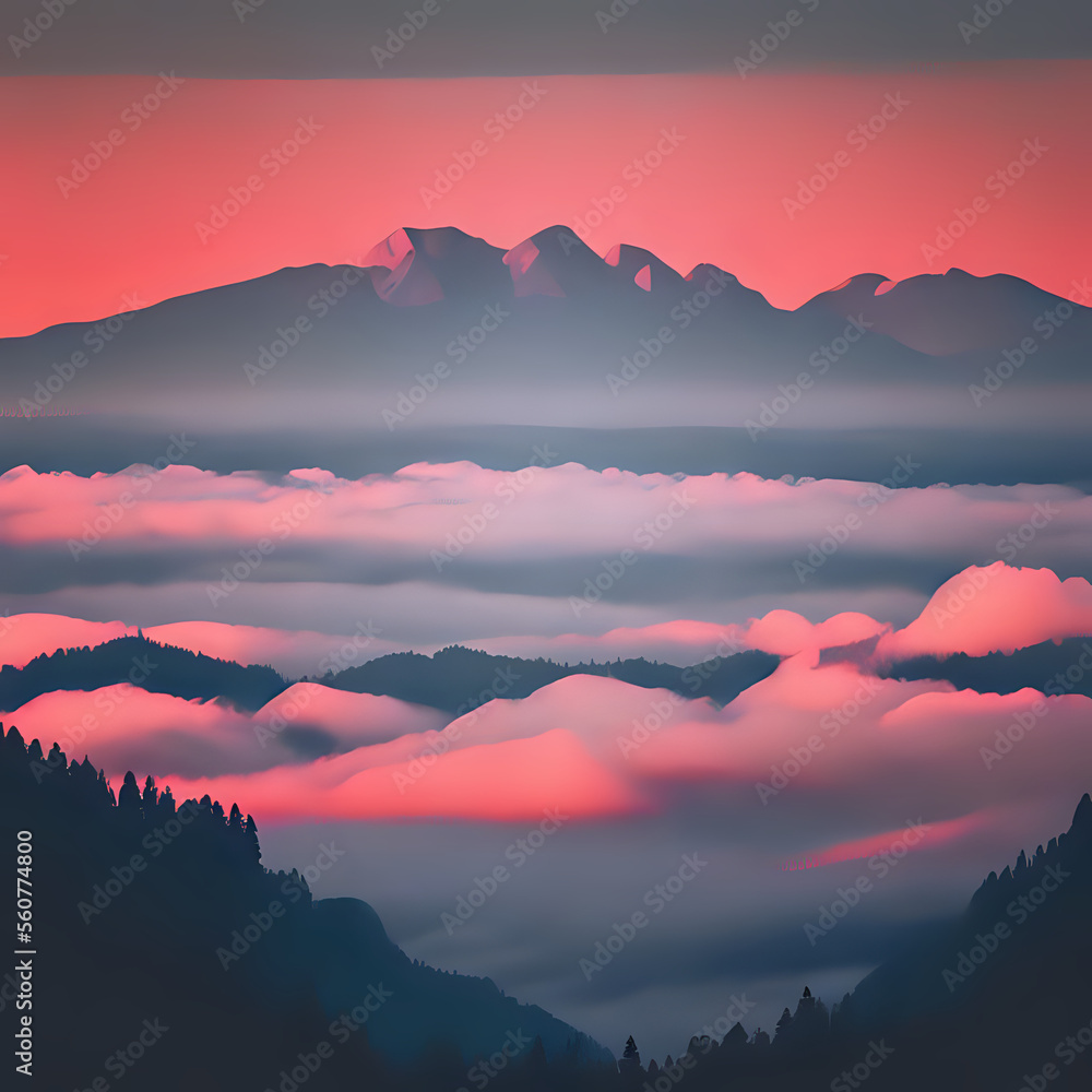 sunset in the mountains illustration, generative AI