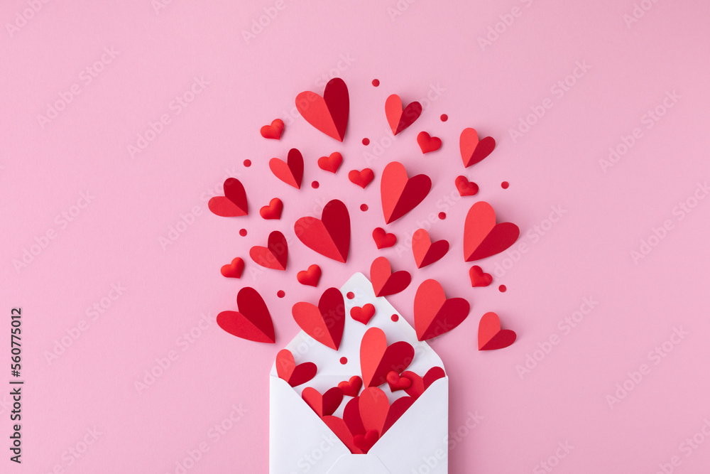 Valentine day background with envelope and various red hearts. Flat lay love and romantic composition.. - obrazy, fototapety, plakaty 