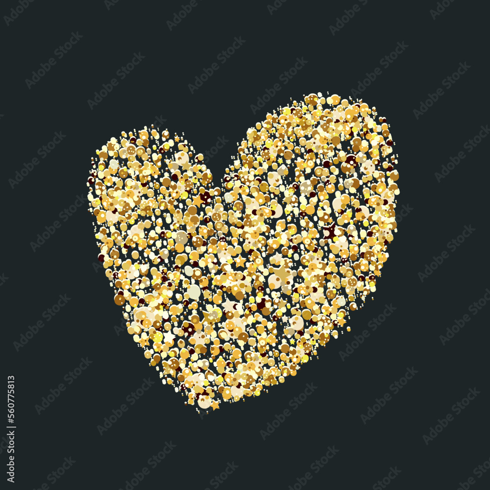 Gold shiny heart on a dark background. Abstract glitter heart. Love, wedding, Valentine day design element. Abstract vector illustration