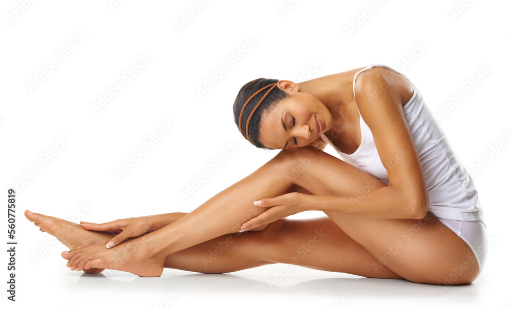 Fototapeta premium Legs, body and smile of woman in studio for skincare health, cosmetics wellness or self care mockup. Dermatology, aesthetic and young beauty model, happy hair removal results on marketing mock up
