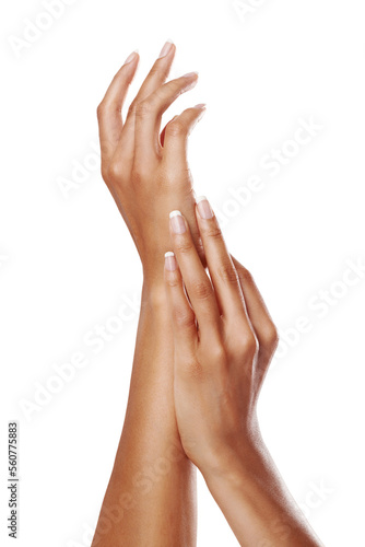 Spa manicure  skincare and hands of a woman on a white background in studio. Elegance  dermatology treatment and zoom on model nails for cosmetics  body wellness and feminine cosmetic skin care