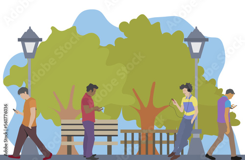 Young people using smartphones walking outdoors in park. Mobile internet addiction vector. Smartphone use in green park illustration