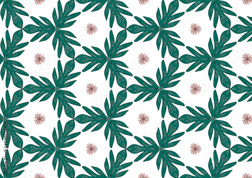The dark green leaves and pink flowers on white background for fabric pattern  textile  wallpaper  decoration and other.