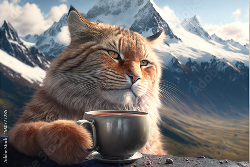A cat drinking tea in the mountains