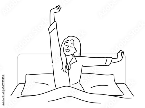 Happy woman stretch wakeup in bed