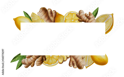 Watercolor frame with ginger and lemon. Includes ginger root and leafs, ginger and lemon slices, cut lemon. Hand drawn realistic immunity strengthening set vitamins isolated illustration background