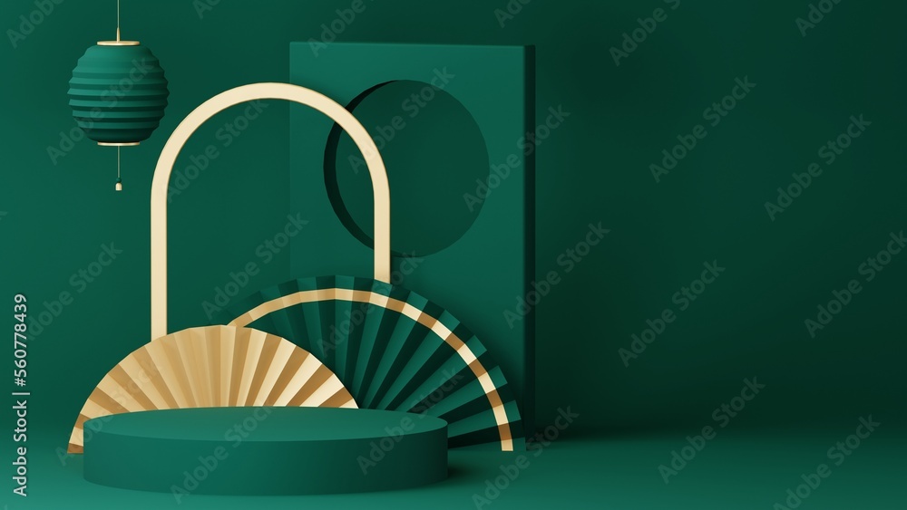 Green Chinese New Year celebrations , Festive gift card templates with realistic 3D design elements, holiday banners, web posters, flyers, and brochures, greeting cards . 3D Rendering