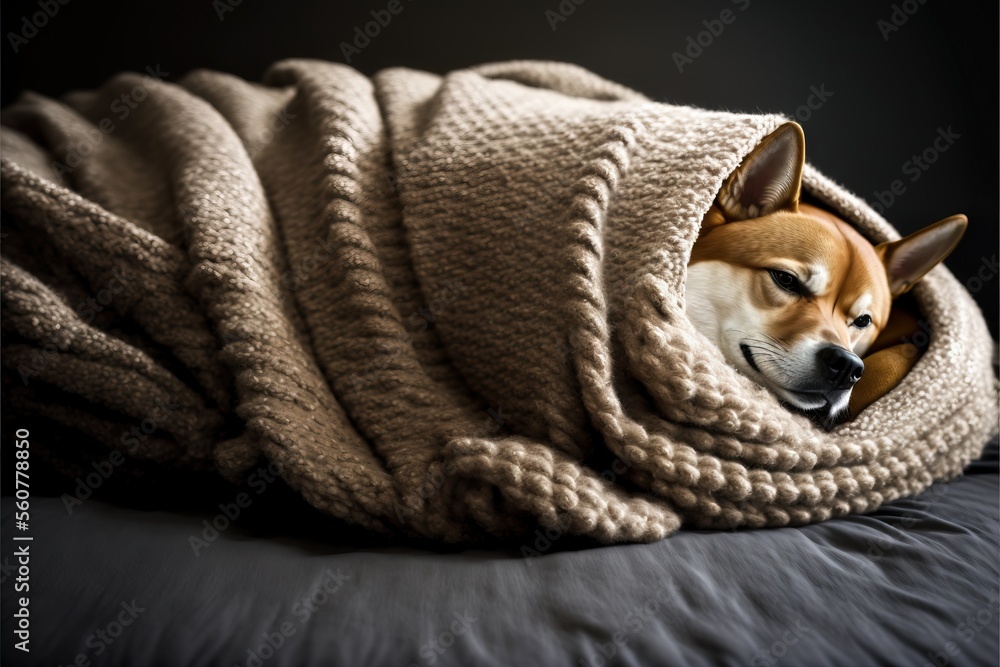 a dog is wrapped up in a blanket on a bed with his head tucked under