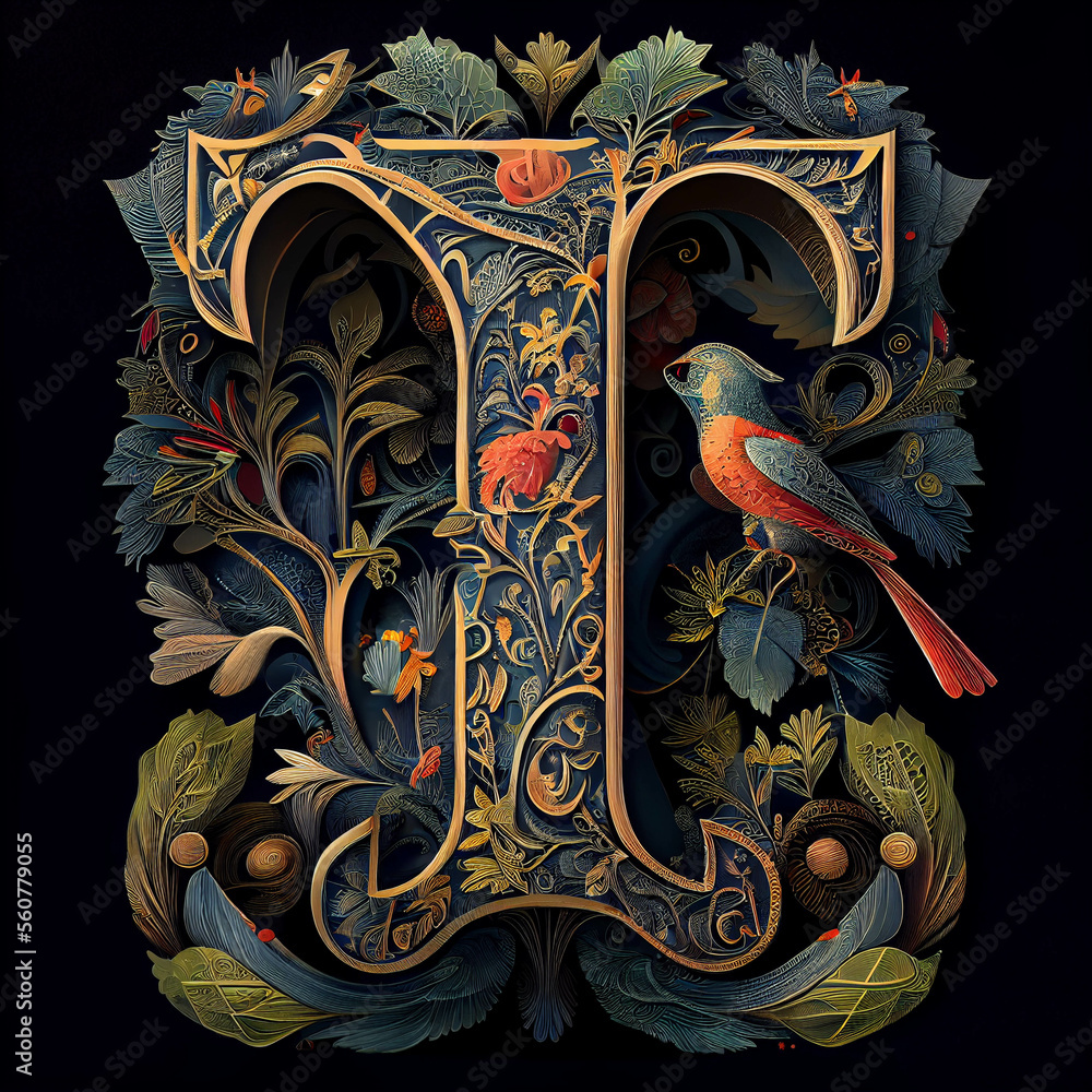 Obraz premium The letter T as an illuminated letter using various birds