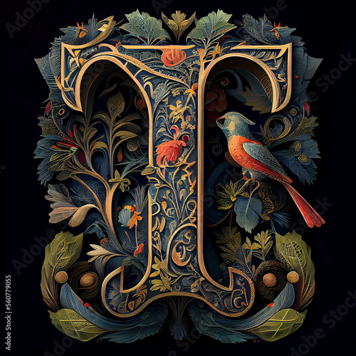 The letter T as an illuminated letter using various birds