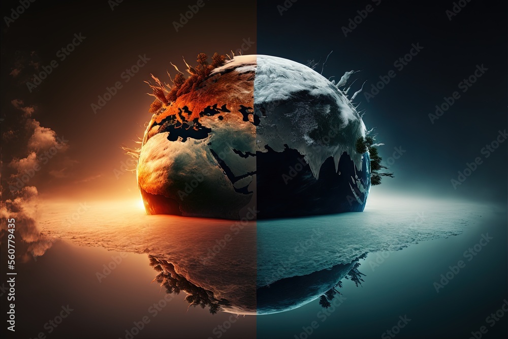 a split photo of a planet with a sky background and clouds in the ...