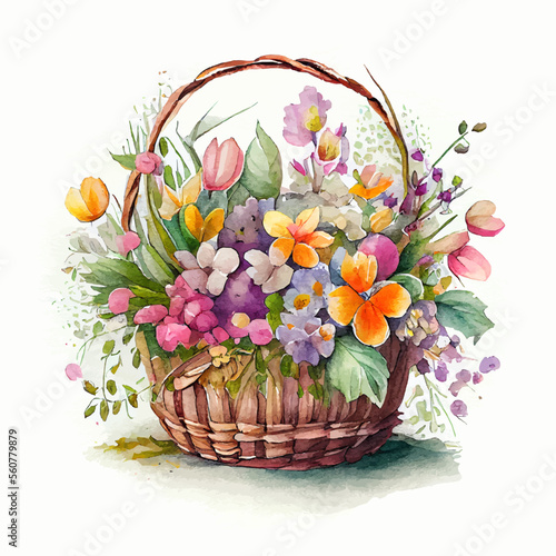 Cute watercolor basket with spring flowers