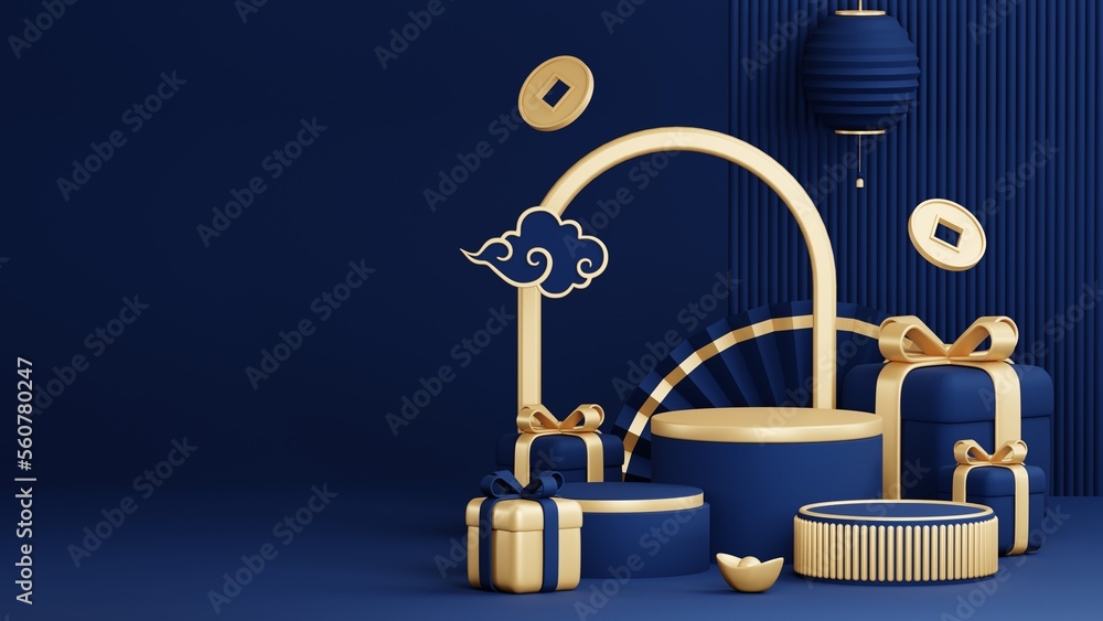 Blue Chinese New Year celebrations , Festive gift card templates with realistic 3D design elements, holiday banners, web posters, flyers, and brochures, greeting cards . 3D Rendering Blue Chinese New Year celebrations , Festive gift card templates with realistic 3D design elements, holiday banners, web posters, flyers, and brochures, greeting cards . 3D Rendering