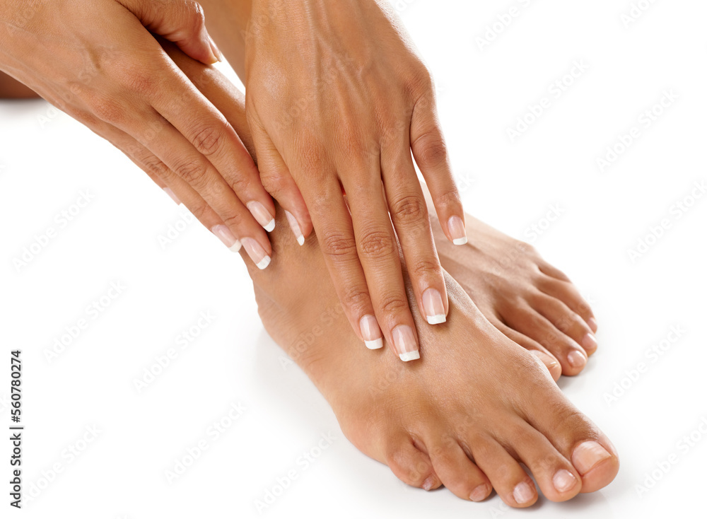 Woman, hands and feet with beauty and skincare, manicure and pedicure spa treatment zoom with nails. Natural cosmetics, organic cosmetic care and wellness with healthy skin against white background Woman, hands and feet with beauty and skincare, manicure and pedicure spa treatment zoom with nails. Natural cosmetics, organic cosmetic care and wellness with healthy skin against white background