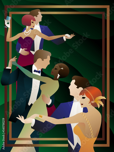 three couples in evening gowns dancing on a green background, poster, ball, style, art deco