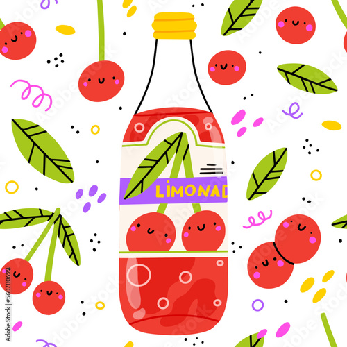 Summer cherry lemonade seamless pattern. Soft drinks in glass with soda and lemonade. Doodle cherry and abstract elements. Kawaii illustration. Childish style for printing fabrics, wallpaper, menu