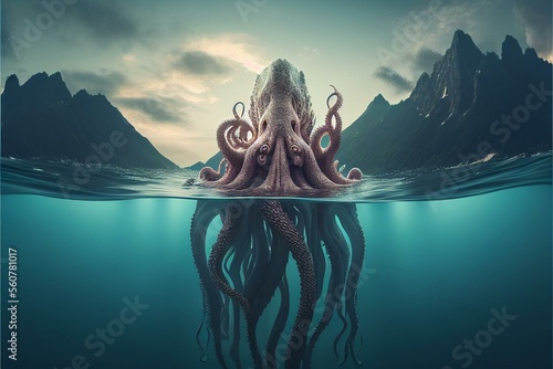 Foto Mysterious monster Cthulhu in the sea, huge tentacles sticking out of the water, landscape