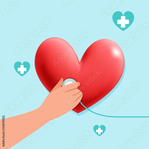 Doctor hand measures or examines the heart pulse beat with stethoscope design vector illustration