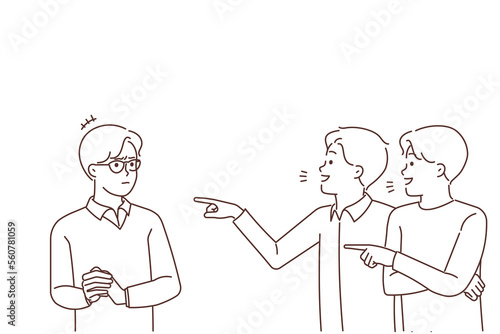 Violent guys point at boy in glasses