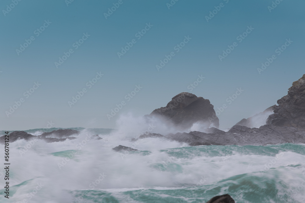 Storm waves crashing onto Cornish Rocks Dollar Cove, The Lizard, Cornwall