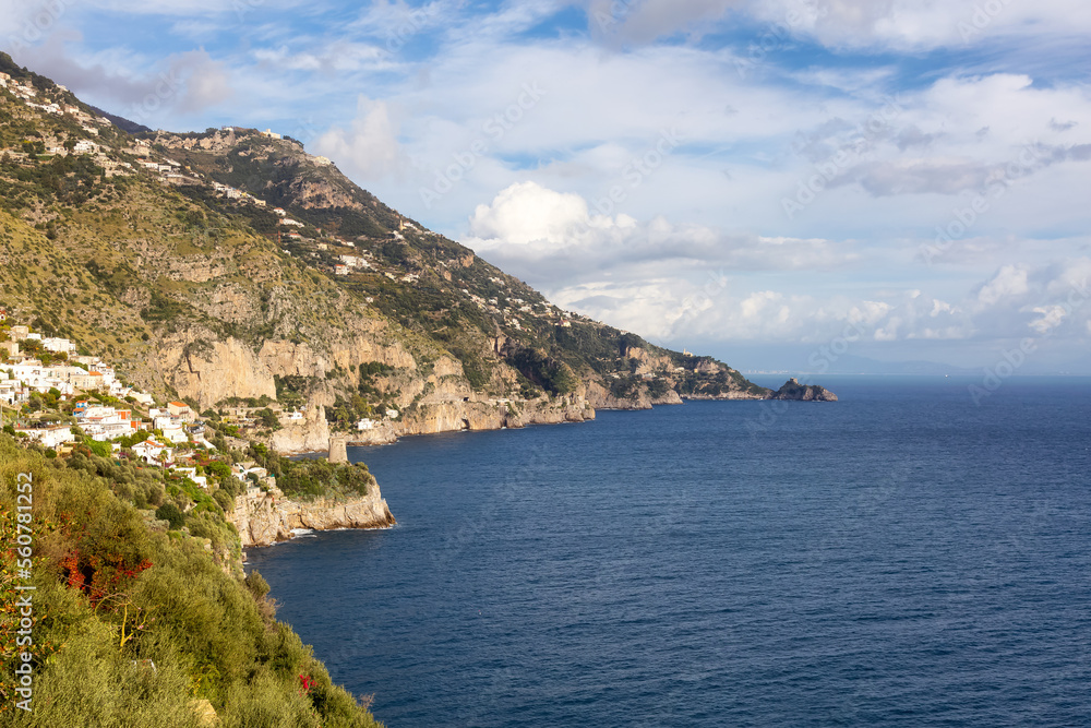 Touristic Town, Vettica Maggiore, on Rocky Cliffs and Mountain Landscape by the Tyrrhenian Sea. Amalfi Coast, Italy.
