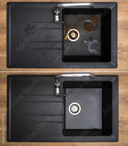 House cleaning service granite kitchen sink black with leftover bits of food before - after washing