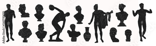 Set of ancient greek statue and classic vintage monument shapes in black color. Greece culture antique illustration collection. Historical flat cartoon drawing bundle.Antique art design elements