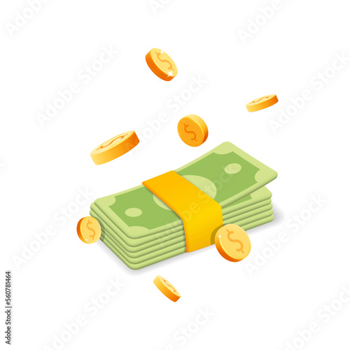 3d vector bunch of green dollar bills banknote with flying down gold coins icons design
